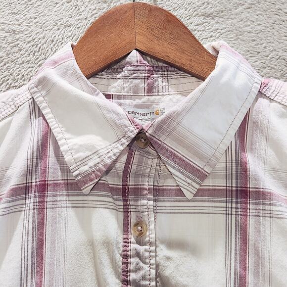 Carhartt Womens White Purple Plaid 3/4 Sleeve Button Up Size Medium Western Work - Picture 2 of 13